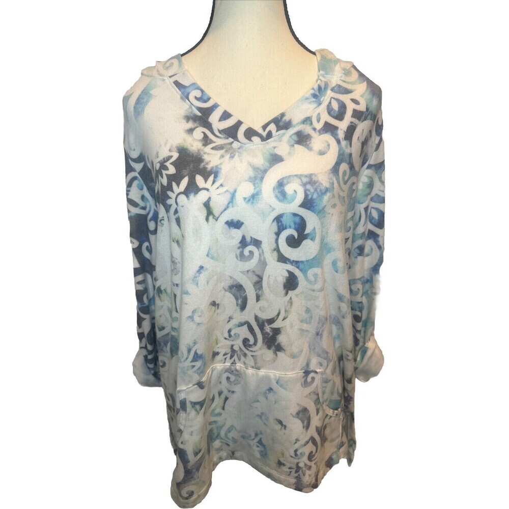 Women’s Soft Surroundings Blue Geometric Hooded Roll Tab Long Sleeve Pullover- M